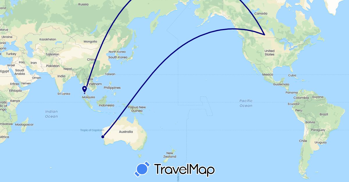 TravelMap itinerary: driving in Australia, Canada, Thailand (Asia, North America, Oceania)